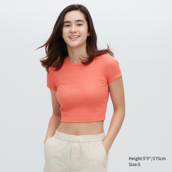 Uniqlo Ribbed Crew Neck Short-Sleeve Cropped T-Shirt, Orange, XL - Picture 10 of 15